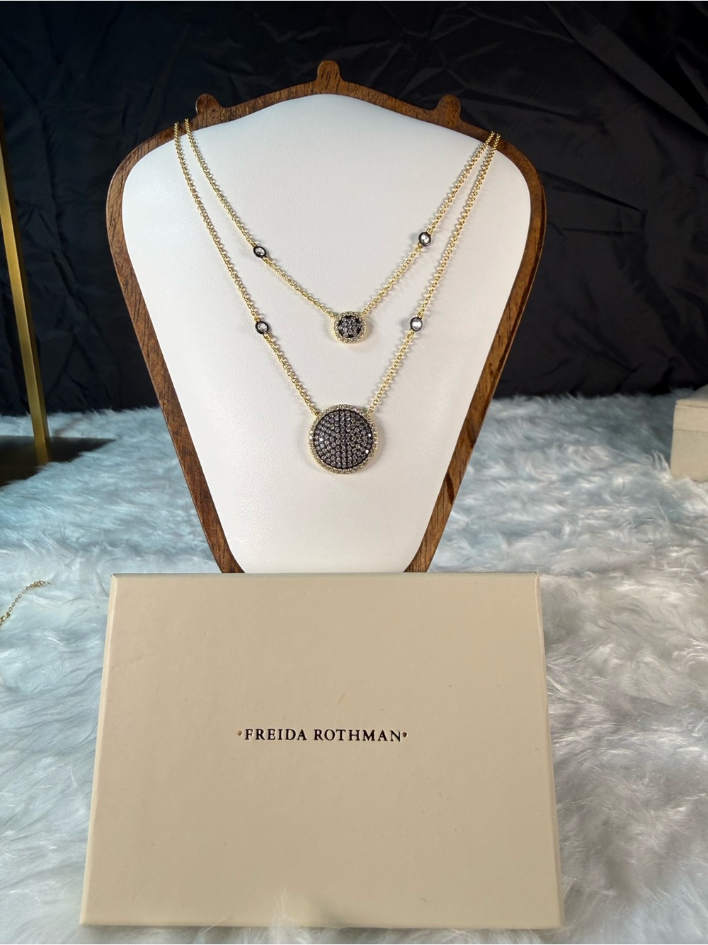 Freida Rothman Double Layer Times Square Necklace with Black Crystal Accents